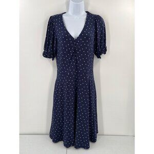 Boden 6L Navy‎ White Polka Dot Dress Retro Pin Dot Jersey Puff Sleeve Midi